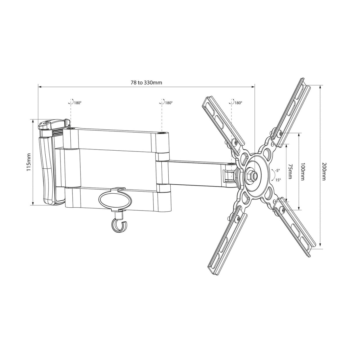 Technical line drawing of the AV:Link HQT201 full motion double arm TV wall bracket showing 78–330mm extension, 180° swivel, and tilt range.
