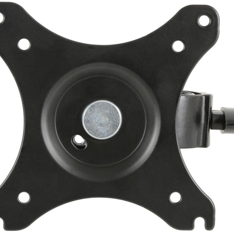 Close-up of the AV:Link PMB100 35mm pole mount TV bracket showing the black VESA 75/100 plate with central pivot and pole clamp fitting.