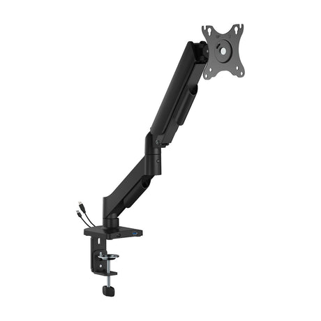 AV:Link full motion gas spring monitor arm in black with desk clamp, VESA plate, and built-in USB-A and USB-C hub, on a white background.