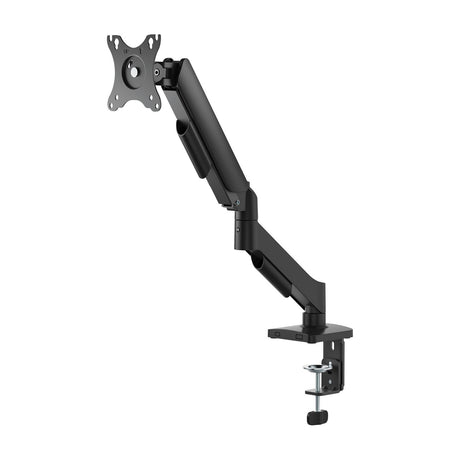 AV:Link full motion gas spring monitor arm by AVSL in matte black, with VESA plate, articulated arm, desk clamp mount and USB hub, on a white background.