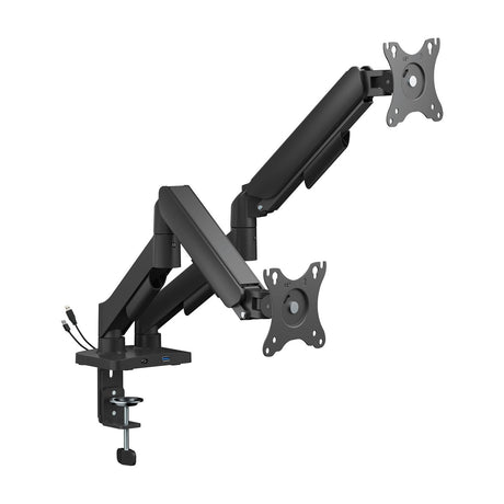 AV:Link full motion dual monitor arm in matte black with gas spring arms, two VESA plates, desk clamp base and integrated USB-A and USB-C hub.