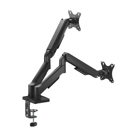 AV:Link full motion dual monitor arm in matte black with gas spring arms, twin VESA plates, desk clamp base and integrated USB hub, on a white background.
