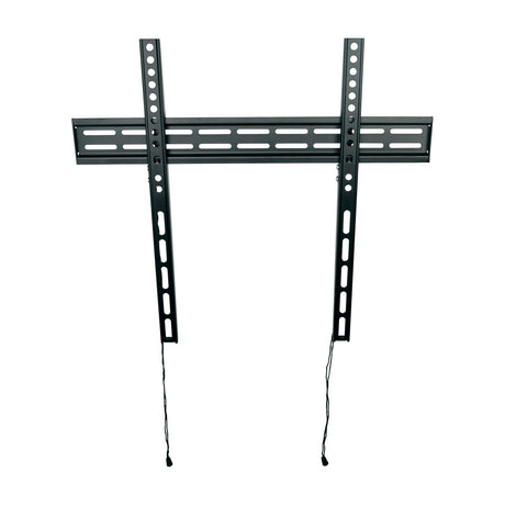 AV:Link NSF400 slimline fixed TV bracket in black steel with vertical VESA arms, horizontal wall rail and two release drawstrings, on a white background.