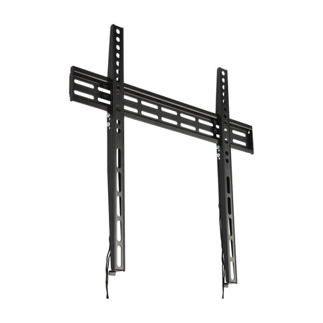 AVSL AV:Link NSF400 slimline fixed TV bracket in black steel with vertical arms, horizontal rail, VESA slots, and release drawstrings on a white background.