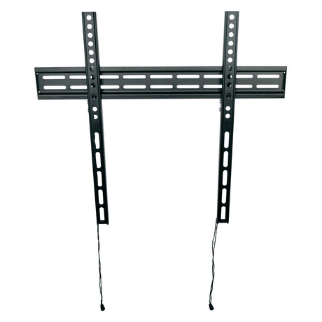 The AV:Link VESA Slimline Fixed TV Bracket (32–65) in black features a 400x400 mount, multiple holes for adjustable positioning, two vertical arms with pull cords, and offers a low-profile design securely attached to a white wall.