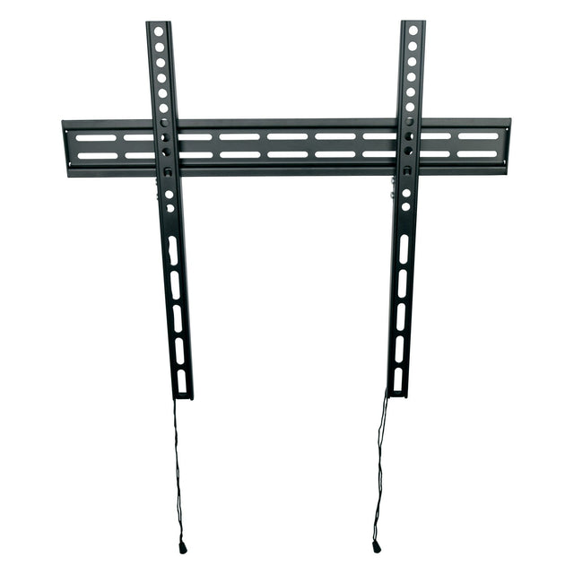 The AV:Link VESA Slimline Fixed TV Bracket (32–65) in black features a 400x400 mount, multiple holes for adjustable positioning, two vertical arms with pull cords, and offers a low-profile design securely attached to a white wall.
