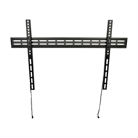 AV:Link NSF600 slimline fixed TV bracket in matte black steel with horizontal rail, vertical arms, and two drawstring release cords, on a white background.