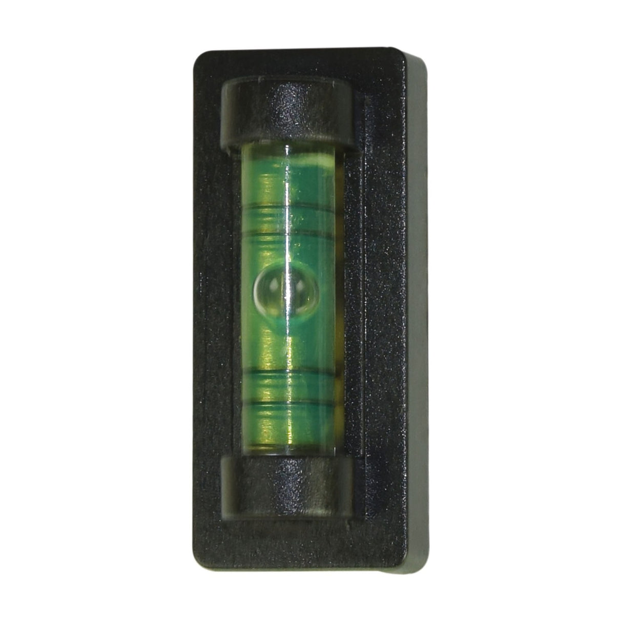 Close-up of the green spirit level bubble vial set into the black body of the AV:Link SF201 fixed TV wall bracket by AVSL.