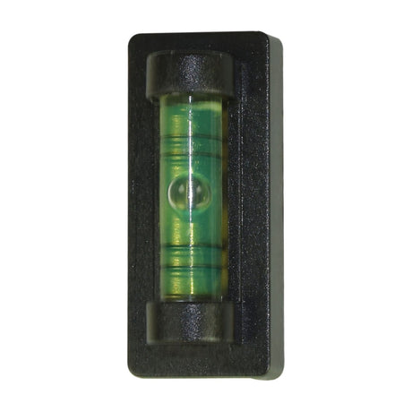 Close-up of the green spirit level bubble vial set into the black body of the AV:Link SF201 fixed TV wall bracket by AVSL.
