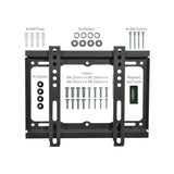 AV:Link SF201 fixed TV wall bracket with wall plugs, washers, wall screws, spacers, M4-M8 mounting screws and magnetic spirit level on white.