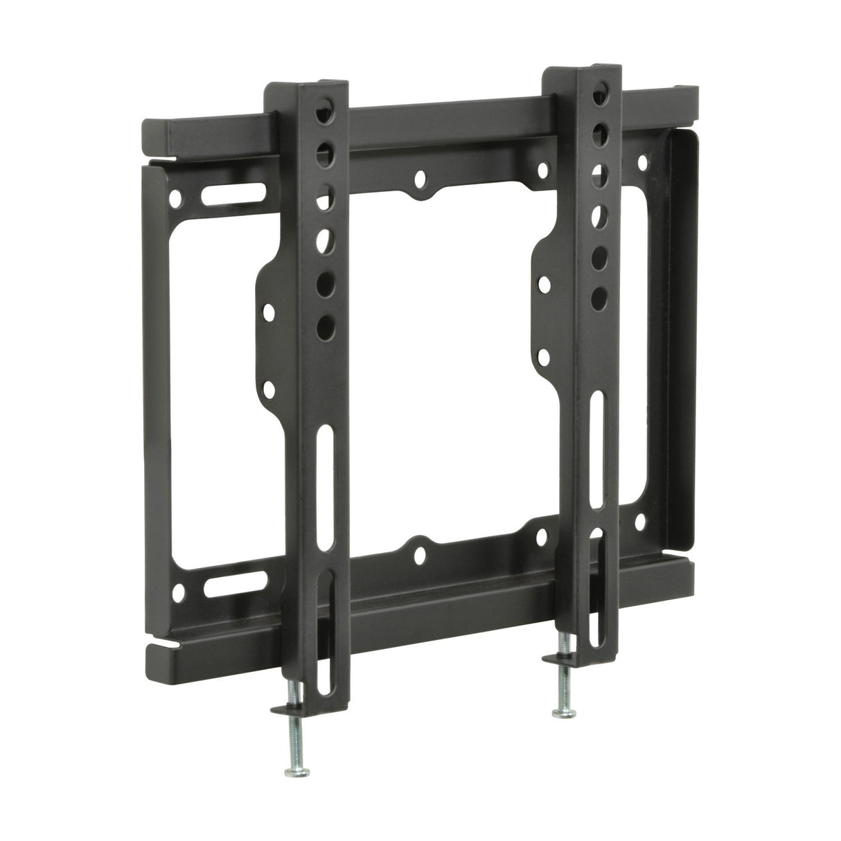 AV:Link SF201 fixed TV wall bracket in black steel with VESA 200x200 mounting slots and protruding fixing bolts, shown on a plain white background.