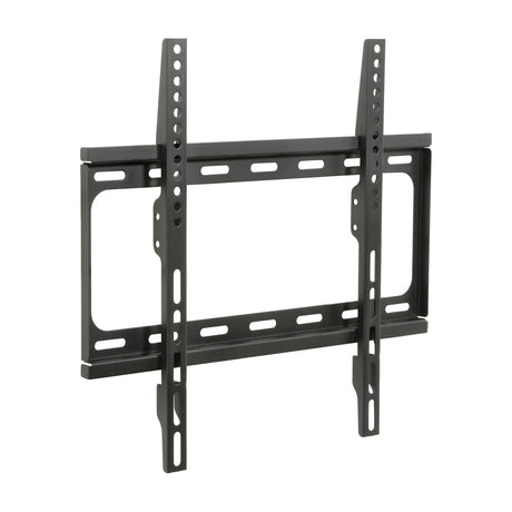 AV:Link SF401 fixed TV wall bracket in matte black steel with VESA 400x400 mounting slots and vertical arms, shown on a plain white background.