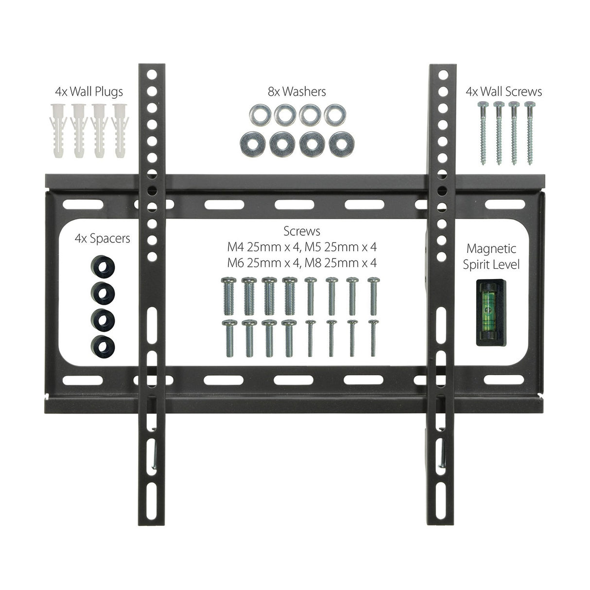 AV:Link SF401 fixed TV wall bracket shown with included wall plugs, washers, wall screws, spacers, M4 to M8 fixing screws and magnetic spirit level.