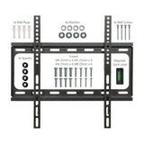 AV:Link SF401 fixed TV wall bracket shown with included wall plugs, washers, wall screws, spacers, M4 to M8 fixing screws and magnetic spirit level.