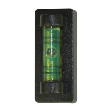 Close-up of a small bubble spirit level set into the black frame of the AV:Link SF601 fixed TV wall bracket, shown on a plain white background.