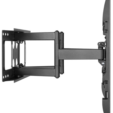 AV:Link FMXL600 full motion TV wall bracket in matte black, shown from the side with double arm extended and wall plate mounted to a panel.