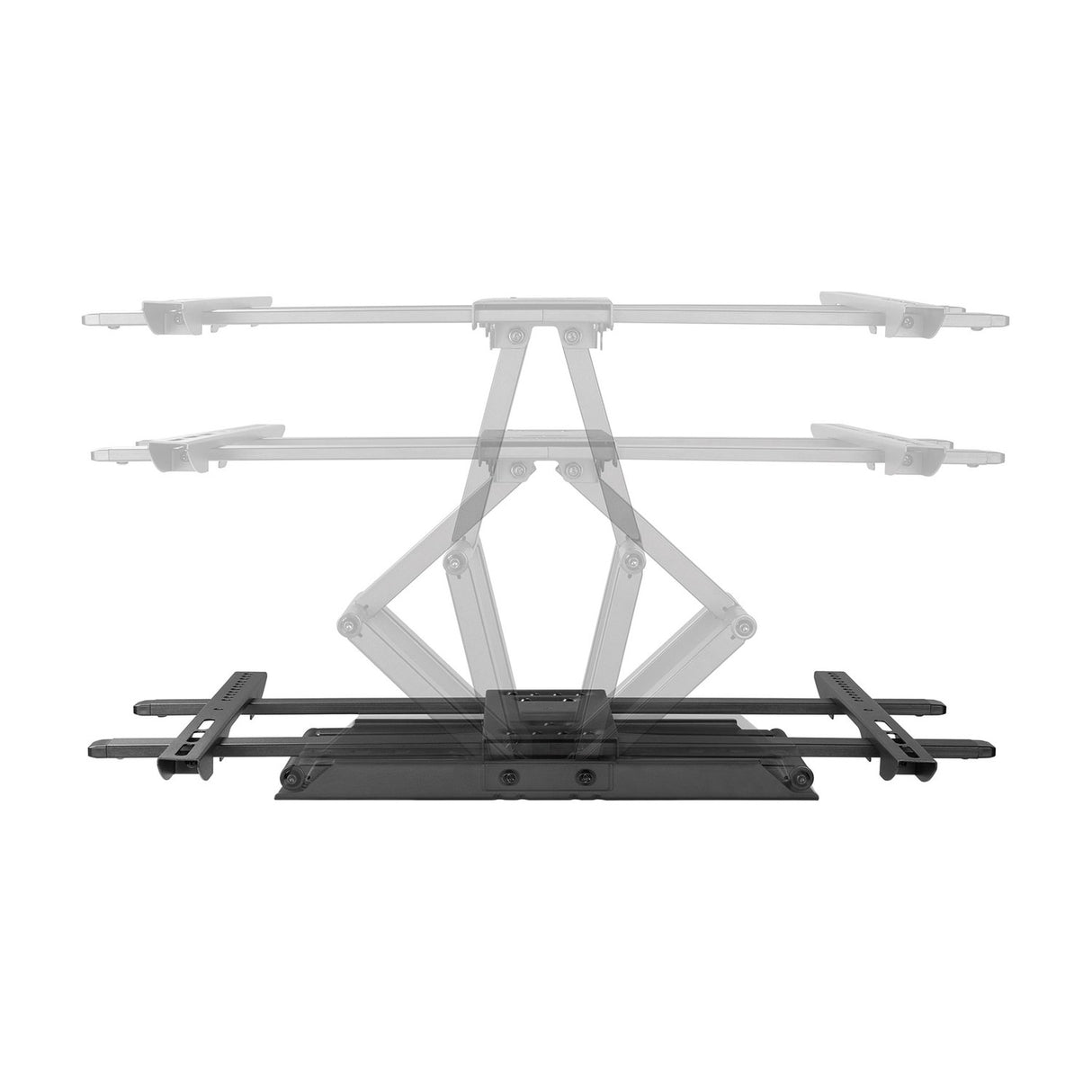 AV:Link FMXL600 full motion TV wall bracket by AVSL shown flat against the wall with extended arms ghosted to illustrate motion range, on a white background.