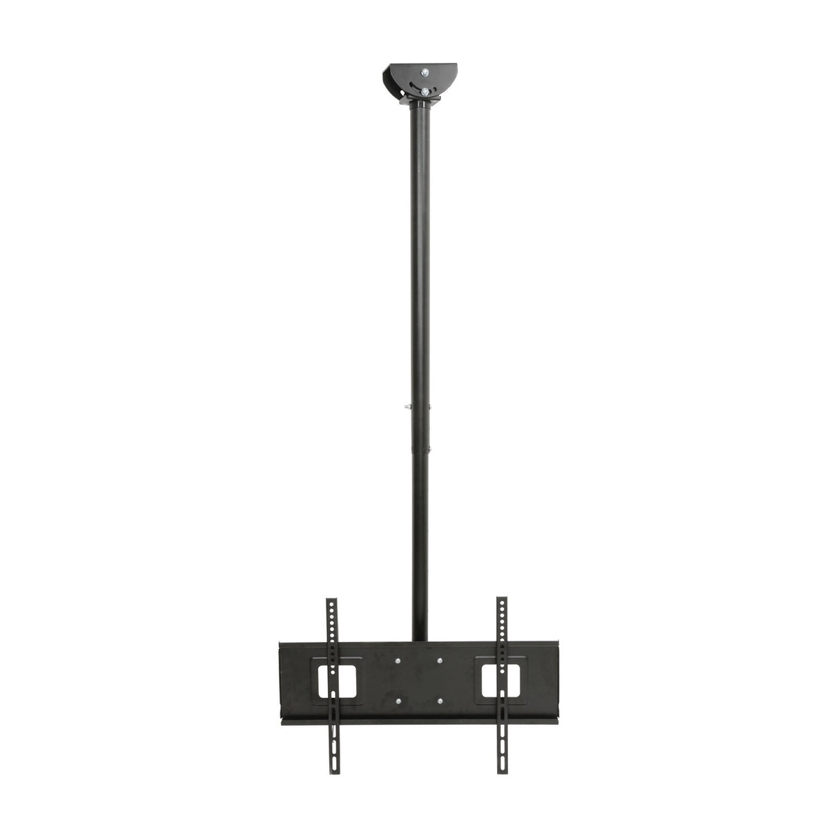 AV:Link TC602 ceiling mount TV bracket in black steel with adjustable drop pole, swivel and tilt head, and wide VESA plate, on a plain white background.