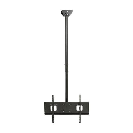 AV:Link TC602 ceiling mount TV bracket in black steel with adjustable drop pole, swivel and tilt head, and wide VESA plate, on a plain white background.