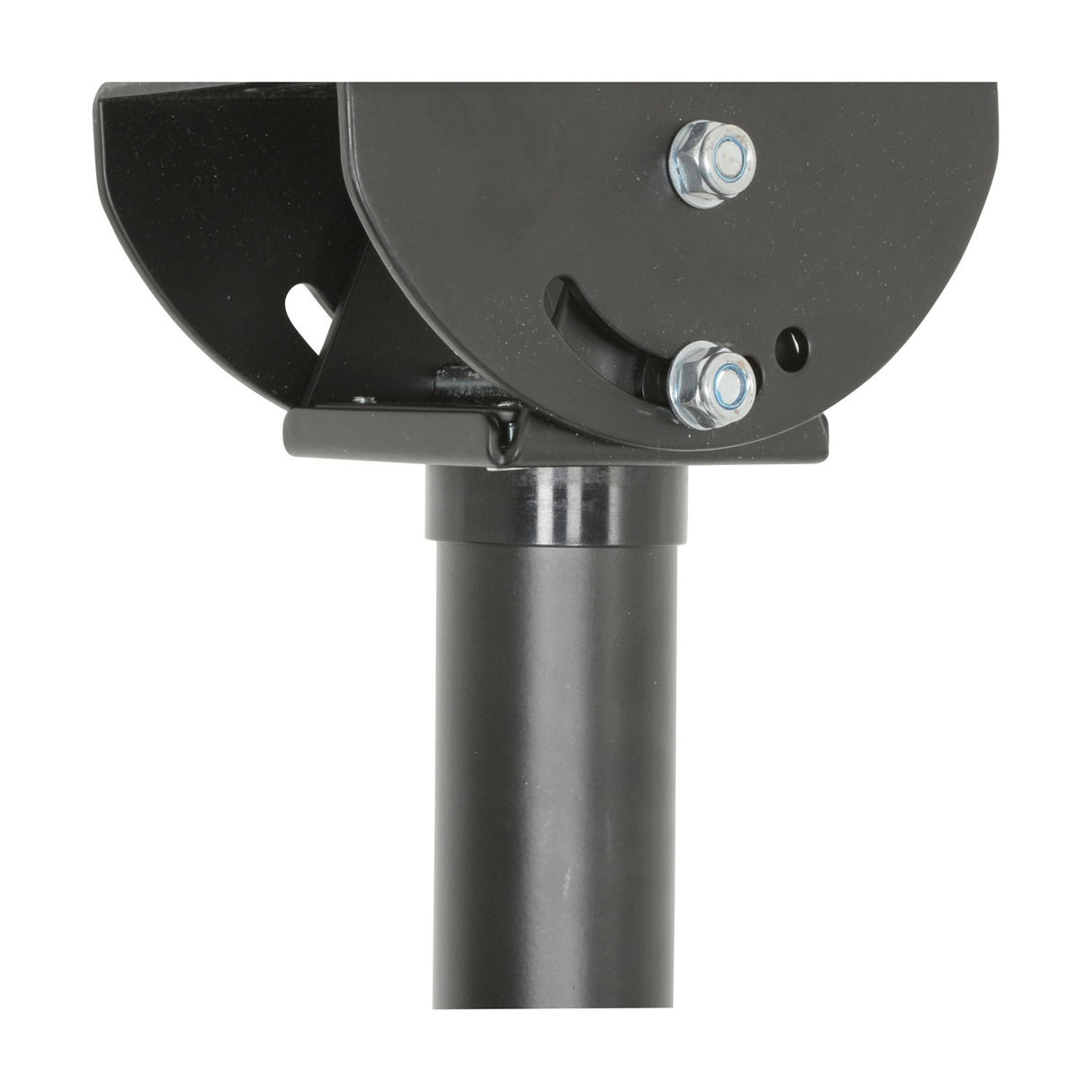 Close-up of the AV:Link TC602 ceiling mount TV bracket's swivel and tilt head with bolted steel plates and black pole, shown on a plain white background.