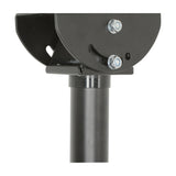Close-up of the AV:Link TC602 ceiling mount TV bracket's swivel and tilt head with bolted steel plates and black pole, shown on a plain white background.