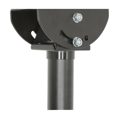 Close-up of the AV:Link TC602 ceiling mount TV bracket's swivel and tilt head with bolted steel plates and black pole, shown on a plain white background.