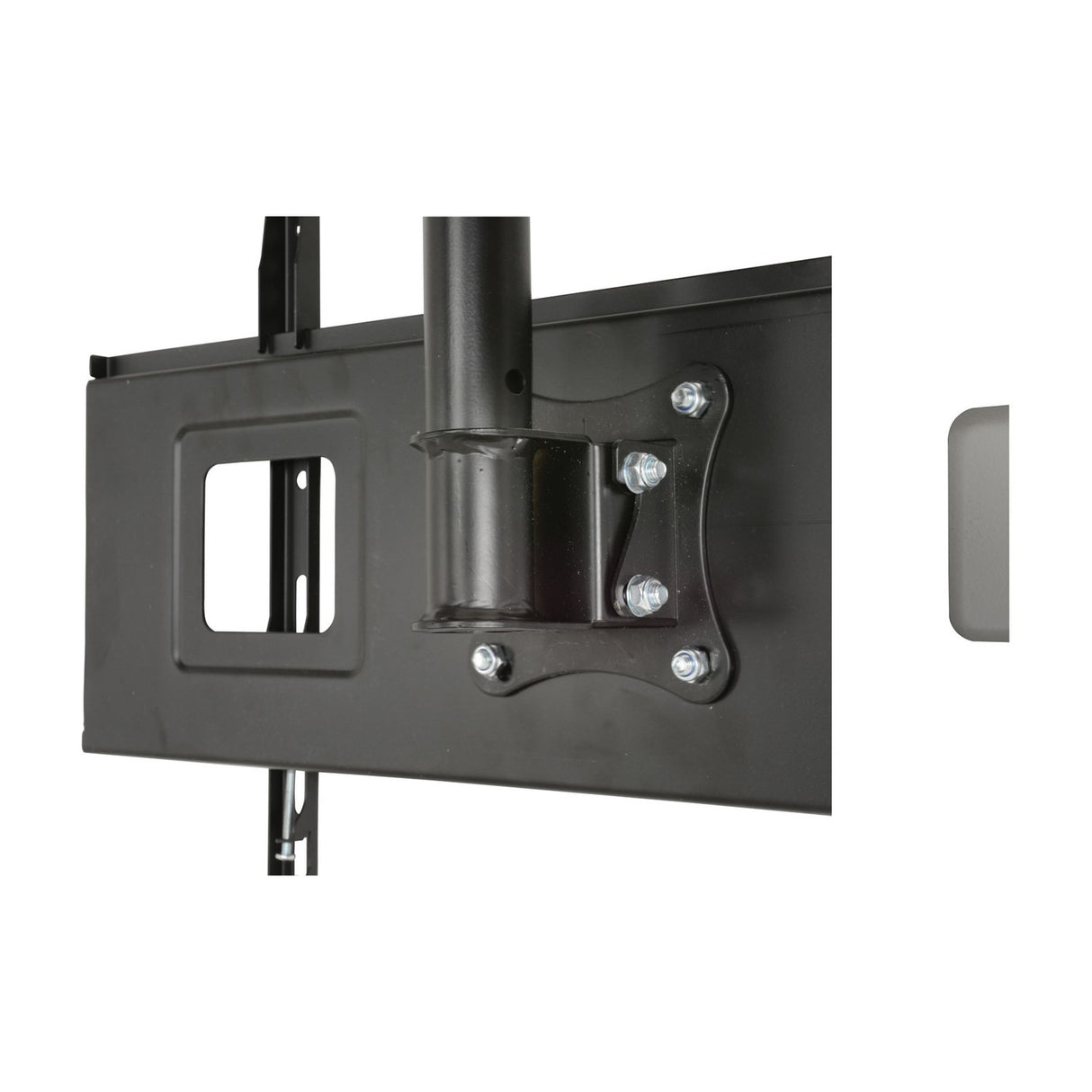 Close-up of the AV:Link TC602 steel ceiling mount TV bracket showing the bolted swivel and tilt head with VESA plate against a white background.