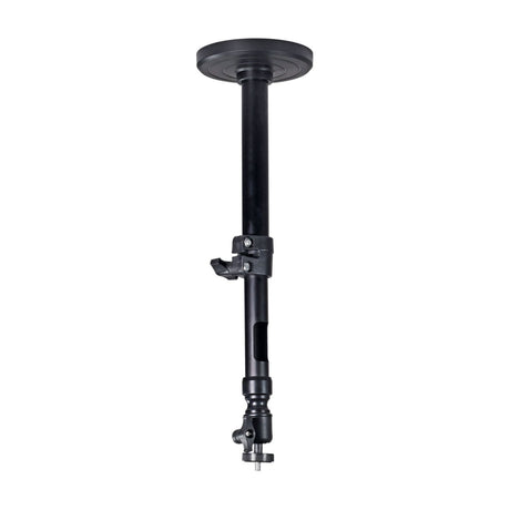 AV:Link MPJM40 matt black micro projector ceiling and wall mount with round base plate, telescopic rod, tilt ball joint and thumbscrew, on a white background.