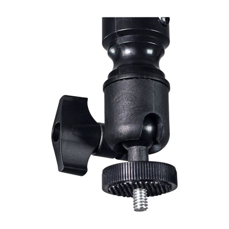 Close-up of the AV:Link MPJM40 micro projector mount by AVSL, showing the matt black ball joint tilt head and 1/4"-20 thumbscrew fitting.