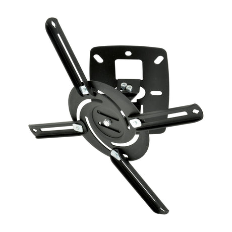 AV:Link PJM80 adjustable black metal ceiling projector bracket with four extending arms, tilt plate and mounting hardware on a plain white background.