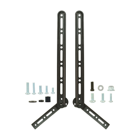 AV:Link universal L-shaped soundbar mounting brackets in black with slotted arms and included screws, washers and spacers on a white background.