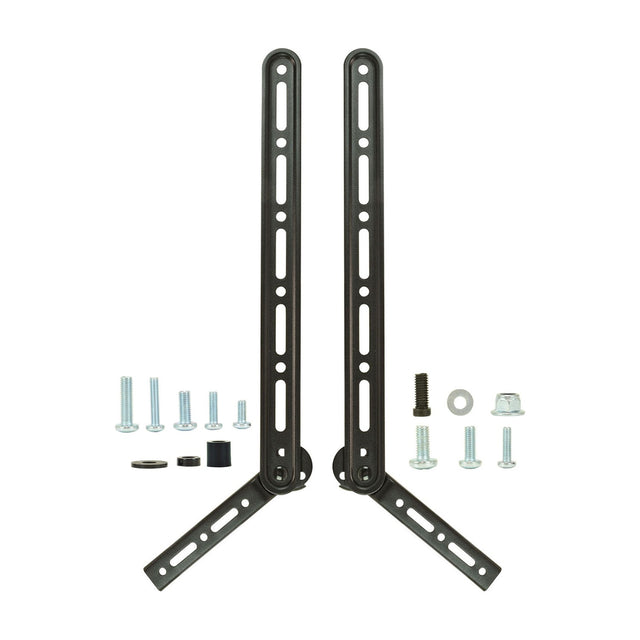 AV:Link universal L-shaped soundbar mounting brackets in black with slotted arms and included screws, washers and spacers on a white background.
