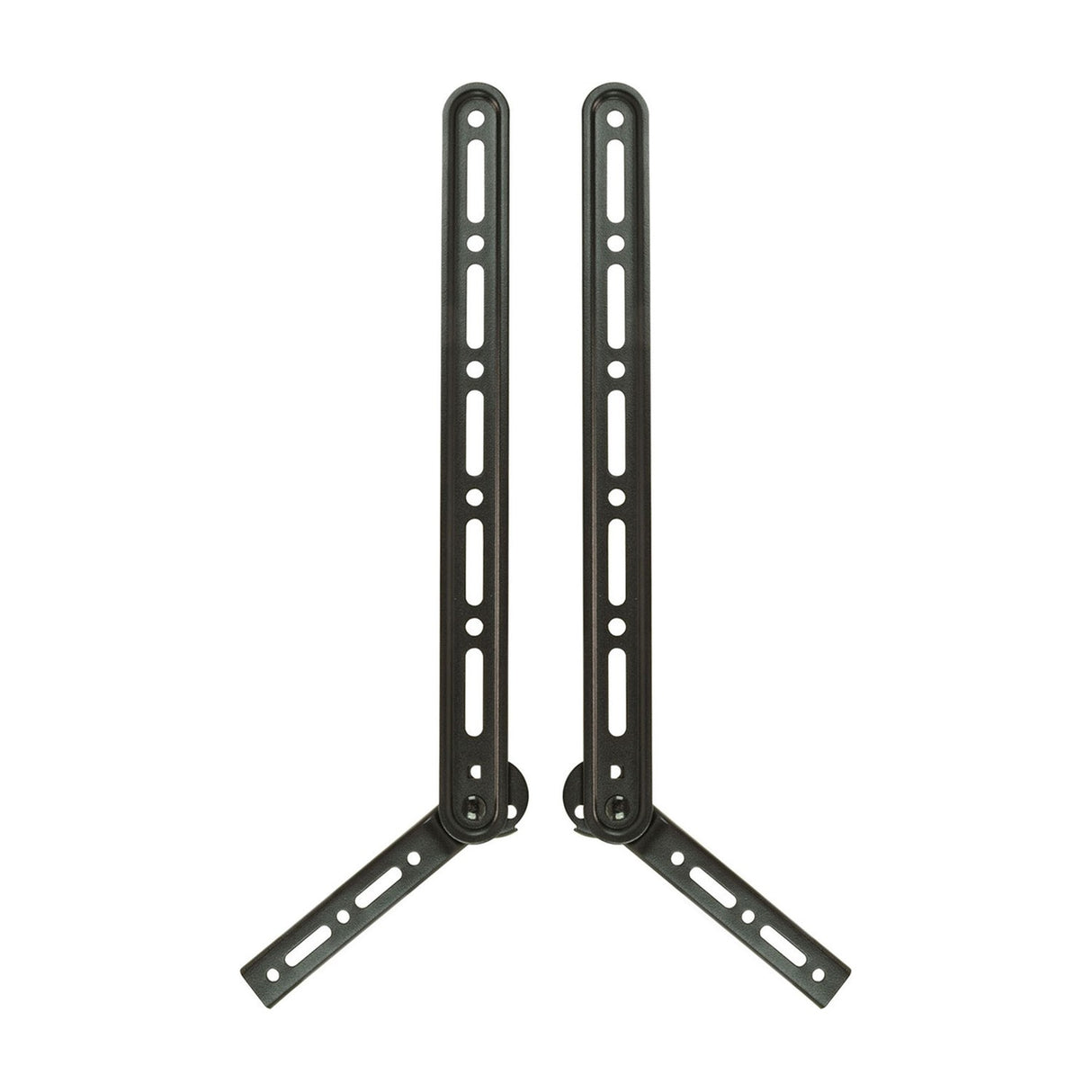 AV:Link universal L-shaped soundbar mounting brackets by AVSL, a pair of black adjustable metal arms with slotted holes and pivoting feet on a white background.