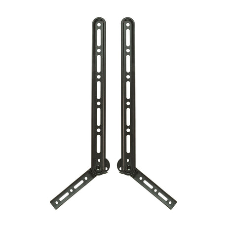 AV:Link universal L-shaped soundbar mounting brackets by AVSL, a pair of black adjustable metal arms with slotted holes and pivoting feet on a white background.