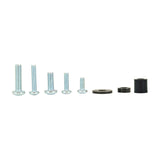 AV:Link universal soundbar mounting bracket installation hardware set with five silver screws of varying lengths, a washer, and two black spacers.
