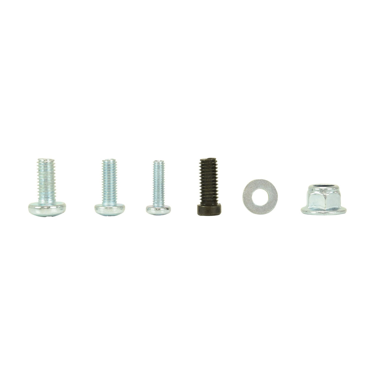 AV:Link soundbar bracket mounting hardware set with four screws, a flat washer and a flanged nut arranged in a row on a plain white background.