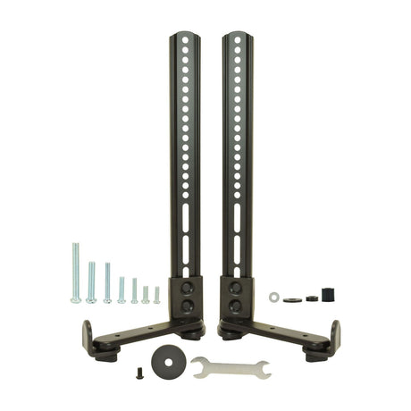 AV:Link Deluxe Adjustable Soundbar Mounting Brackets by AVSL, pair of black VESA arms with non-slip feet, screws, spacers and spanner on white.