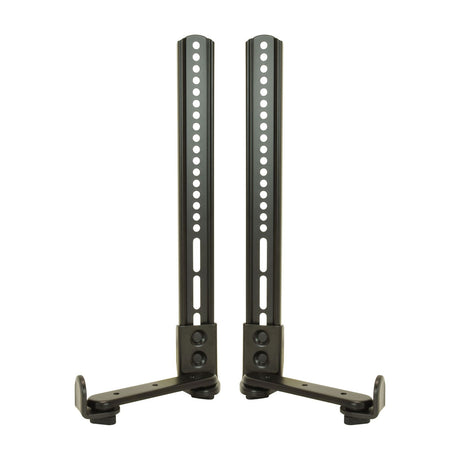 AV:Link Deluxe Adjustable Soundbar Mounting Brackets by AVSL, a pair of black VESA-compatible arms with perforated uprights and non-slip feet, on white.
