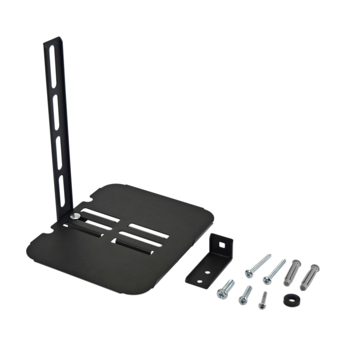 AV:Link ACS300 black metal TV accessory shelf with vertical VESA mounting arm, small wall bracket, and assorted fixing screws on a white background.
