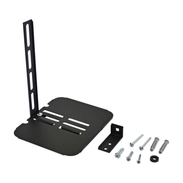 AV:Link ACS300 black metal TV accessory shelf with vertical VESA mounting arm, small wall bracket, and assorted fixing screws on a white background.
