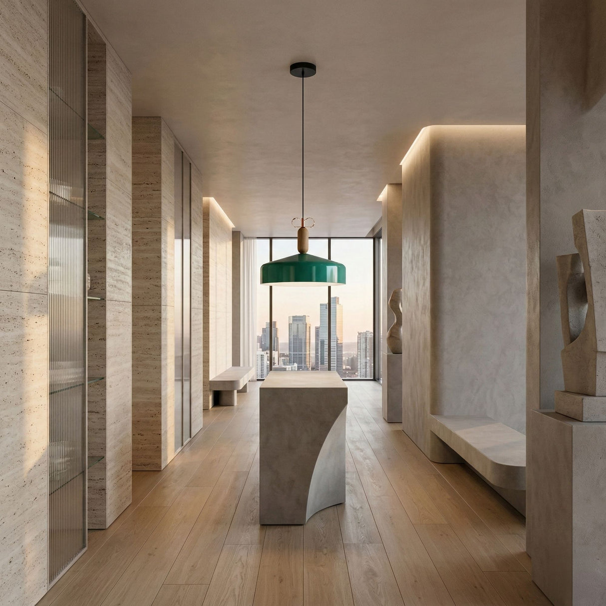 Modern minimalist hallway with light wood floors, neutral walls, sculptural decor, built-in benches, ambient lighting from the Bon Light Pendant Light - Green, and floor-to-ceiling windows showcasing a city skyline view at sunset.