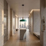 Modern minimalist hallway with light wood floors, neutral walls, sculptural decor, built-in benches, ambient lighting from the Bon Light Pendant Light - Green, and floor-to-ceiling windows showcasing a city skyline view at sunset.