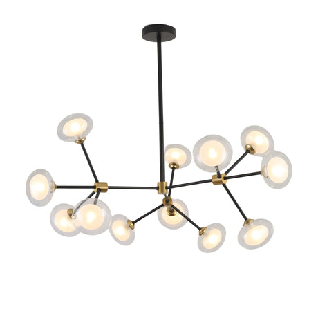 The Galaxy 12 Light Chandelier - Black & White features multiple black metal arms, each with a circular glass shade, creating a modern starburst design that resembles a branching molecular structure.