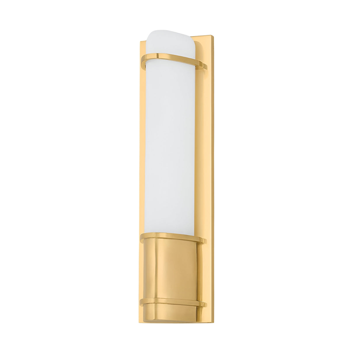 The Averna LED Small Framed Alabaster Wall Light features a soft white cylindrical shade and brushed brass accents on a gold rectangular backplate, creating a modern look.