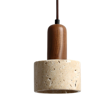 The Lunaro 1 Light Small Travertine Single Pendant Light features a light beige cylindrical travertine shade, a walnut brown top, and hangs from a dark cord against a white background.