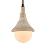 The Velmora 1 Light Bell Travertine Single Pendant Light in light beige features a textured bell-shaped travertine shade and a round frosted glass bulb suspended from a cord.