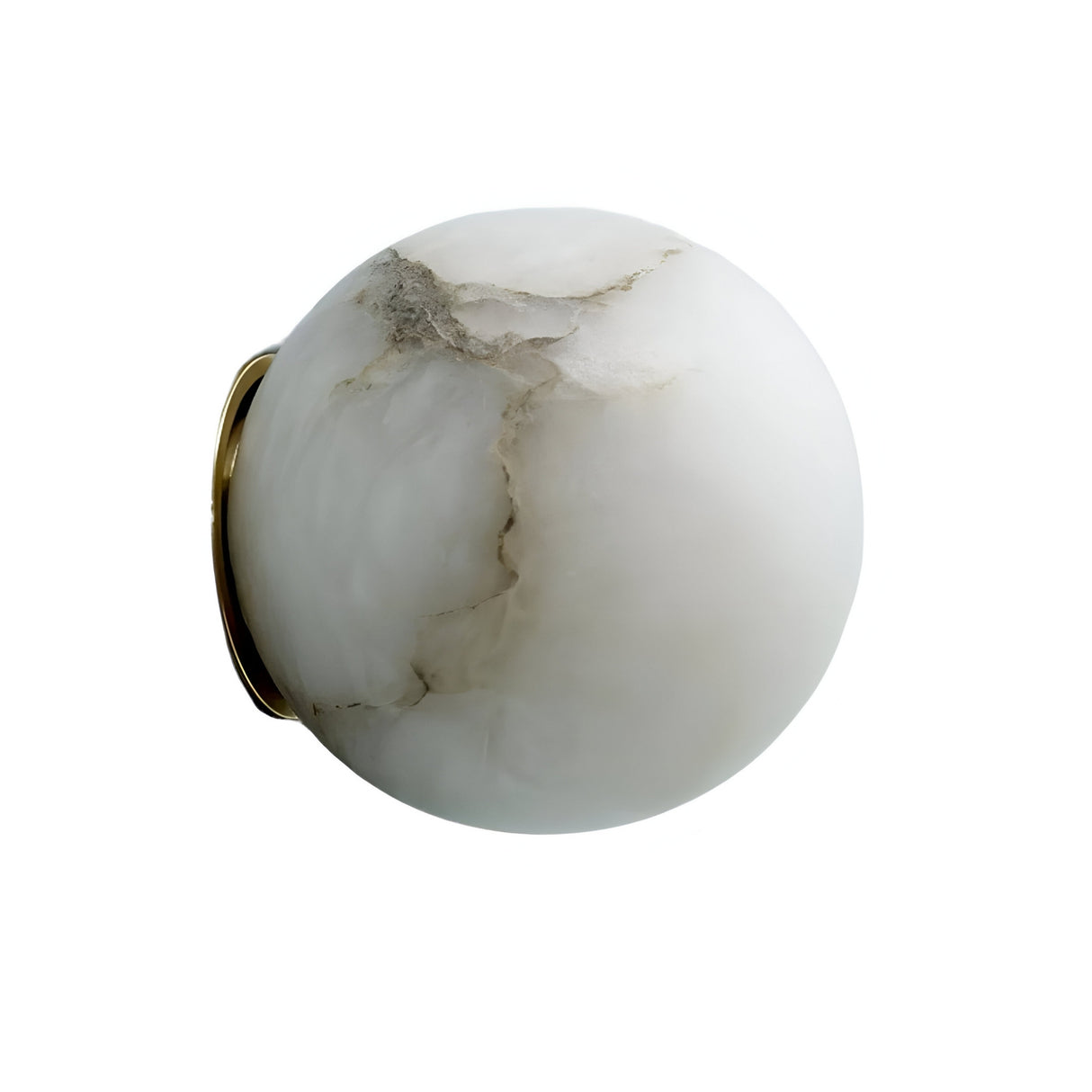 The Alviora 1 Light Small Circular Stone Alabaster Wall Light in soft white and black features a round alabaster design with gray and brown veining, resembling a polished globe, displayed against a plain white background.
