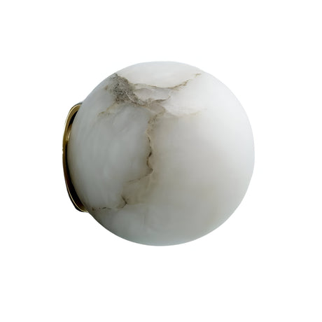 The Alviora 1 Light Small Circular Stone Alabaster Wall Light in soft white and black features a round alabaster design with gray and brown veining, resembling a polished globe, displayed against a plain white background.