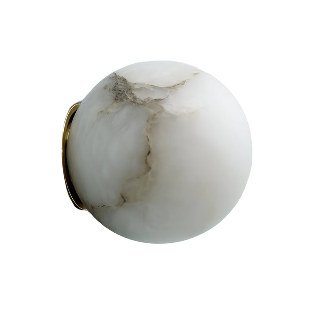 The Alviora 1 Light Small Circular Stone Alabaster Wall Light in soft white and black features a round alabaster design with gray and brown veining, resembling a polished globe, displayed against a plain white background.