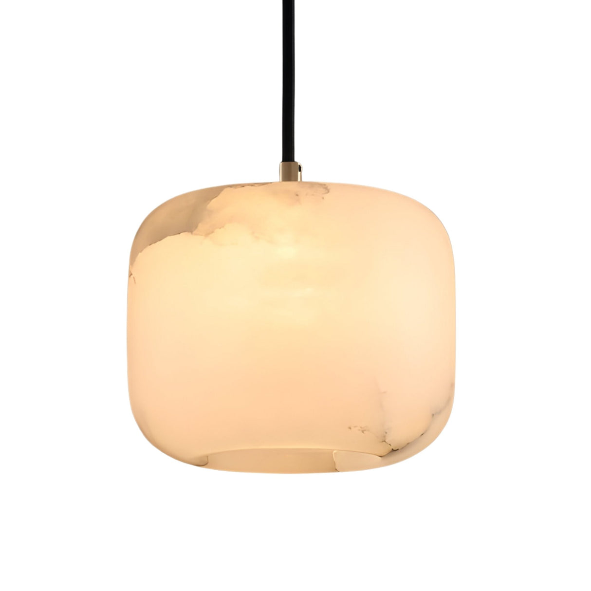 The Calvex 1 Light Small Rounded Alabaster Single Pendant Light features a soft white, marbled alabaster shade and a black cord, offering a modern touch to any space.